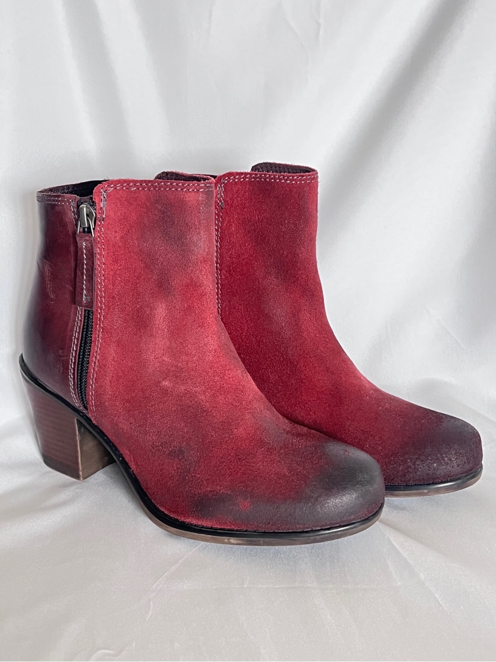 ROAN Lina Burgundy Red Suede Leather Women’s Ankle Boots Booties Zip Heel